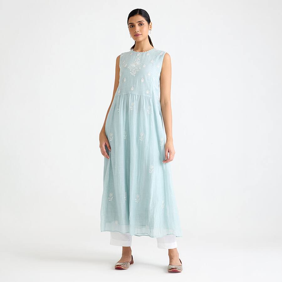 Blue Sleeveless Chikankari Kurta Dress