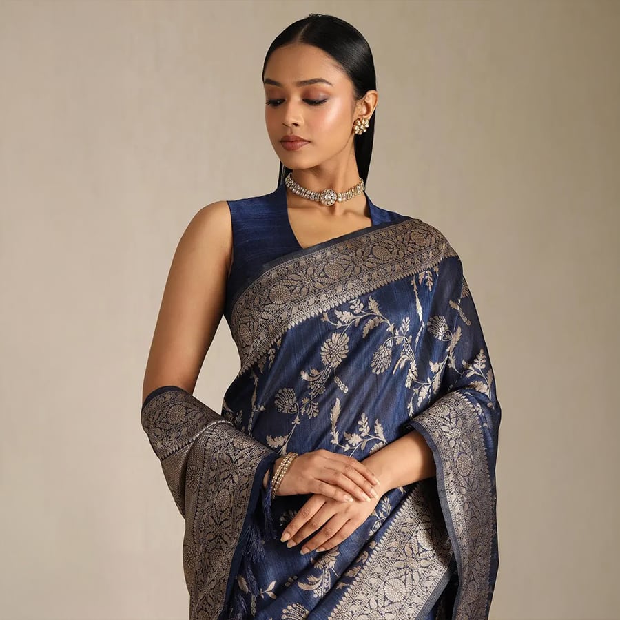 Blue Tussar Floral Print Saree With Zari Woven