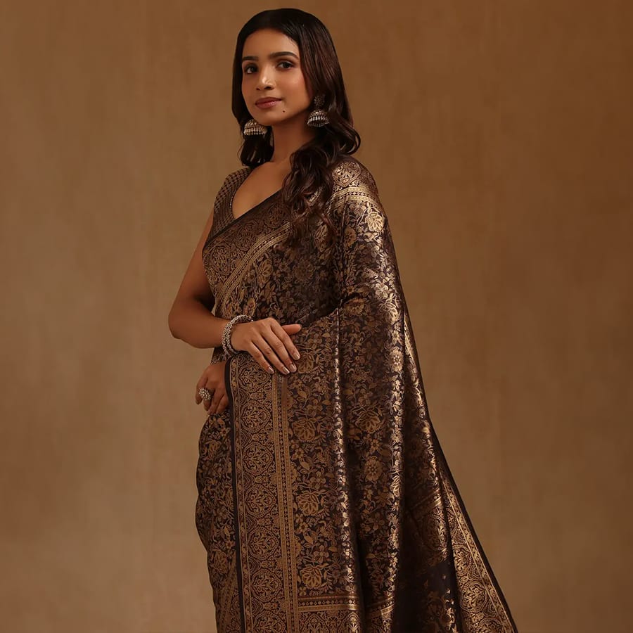 Black Tussar Floral Zari Woven Saree