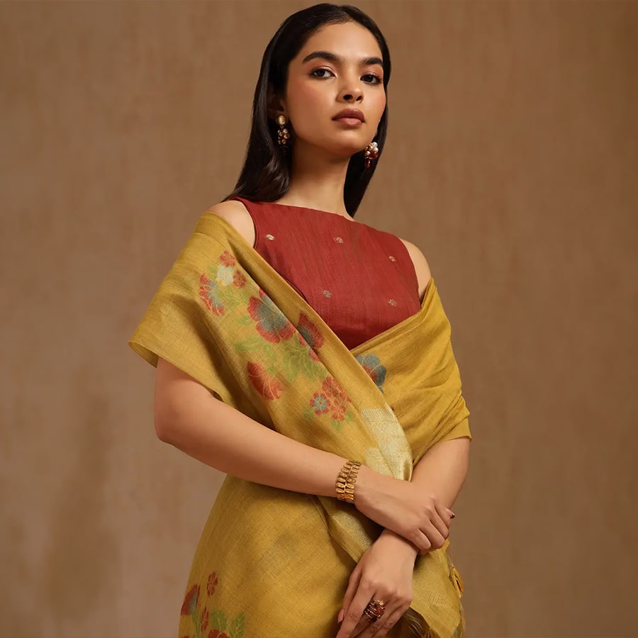 Mustard Chanderi Floral Print Saree