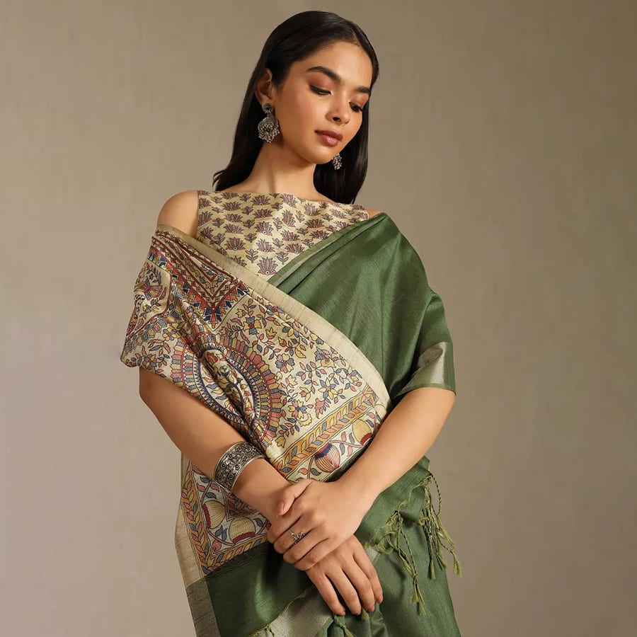 Olive Tussar Solid Saree
