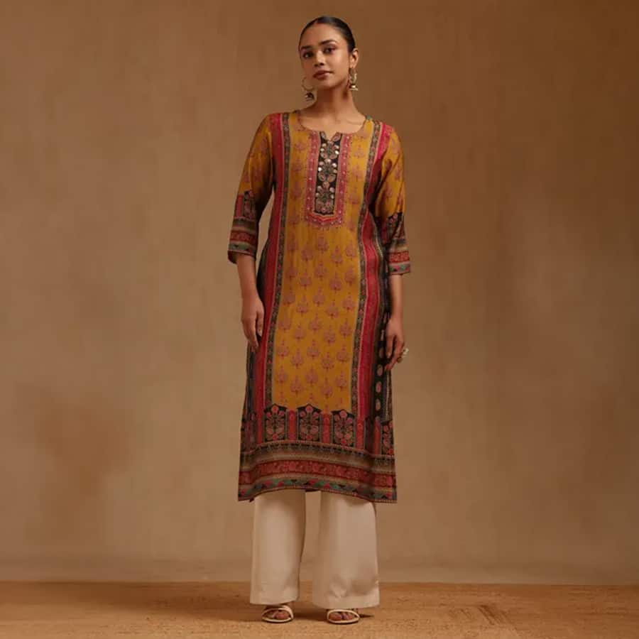 Mustard Roman Silk Ethnic Motifs Hand Embroidered Kurta With Sequins