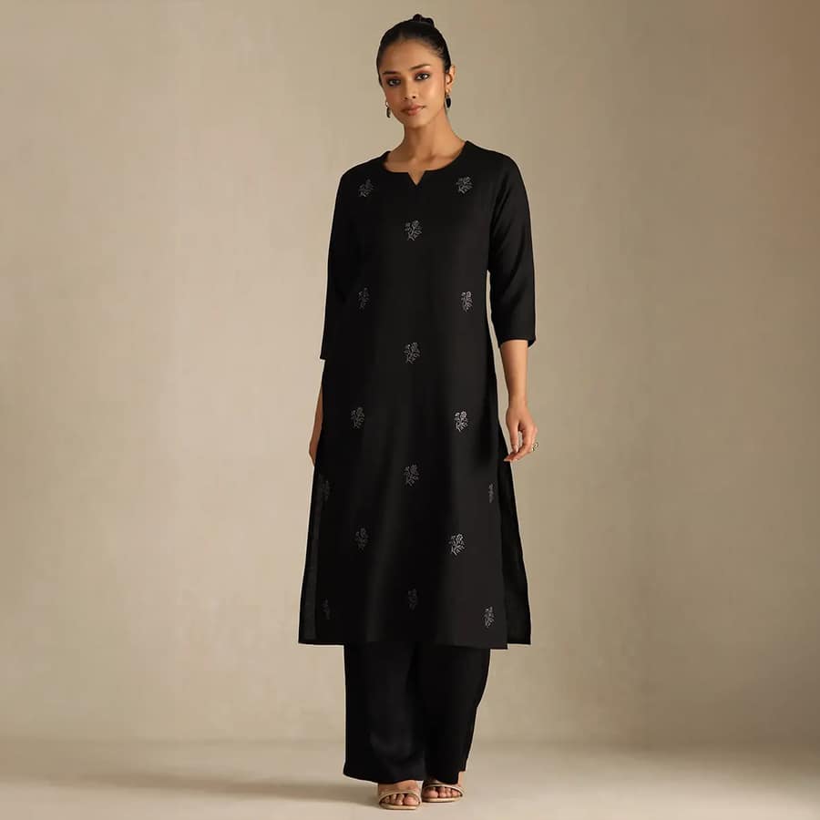 Black Viscose Floral Print Kurta
