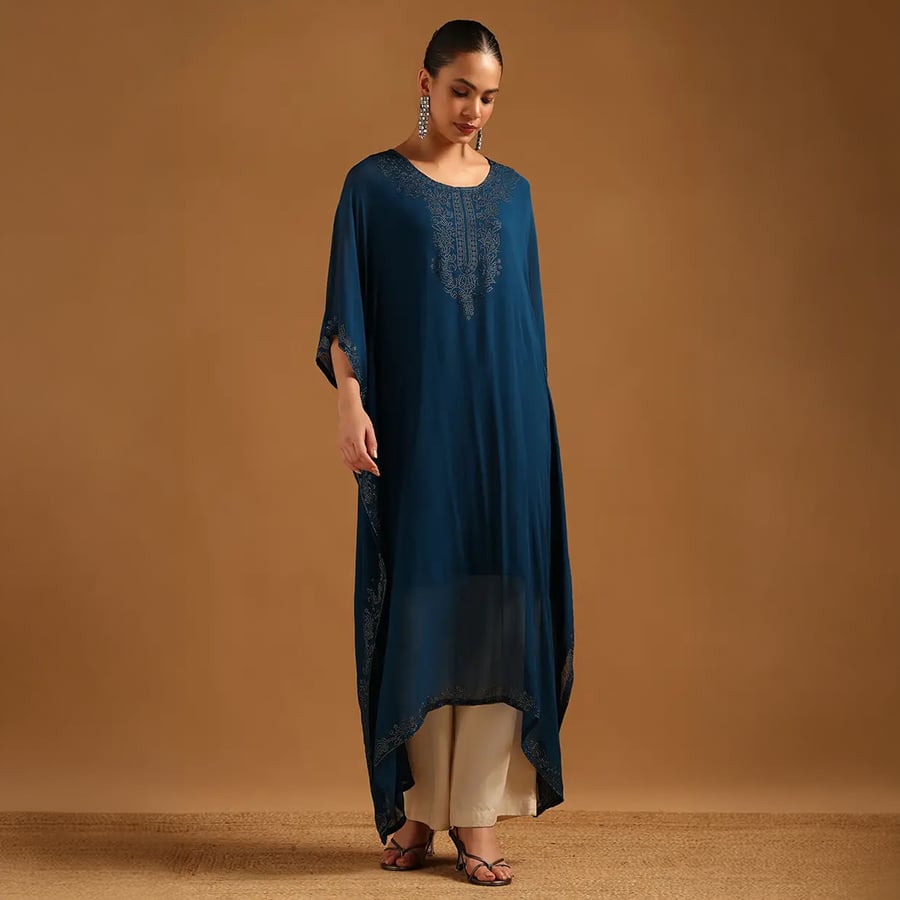 Teal Blue Georgette Embellished Kaftan With Stone Work