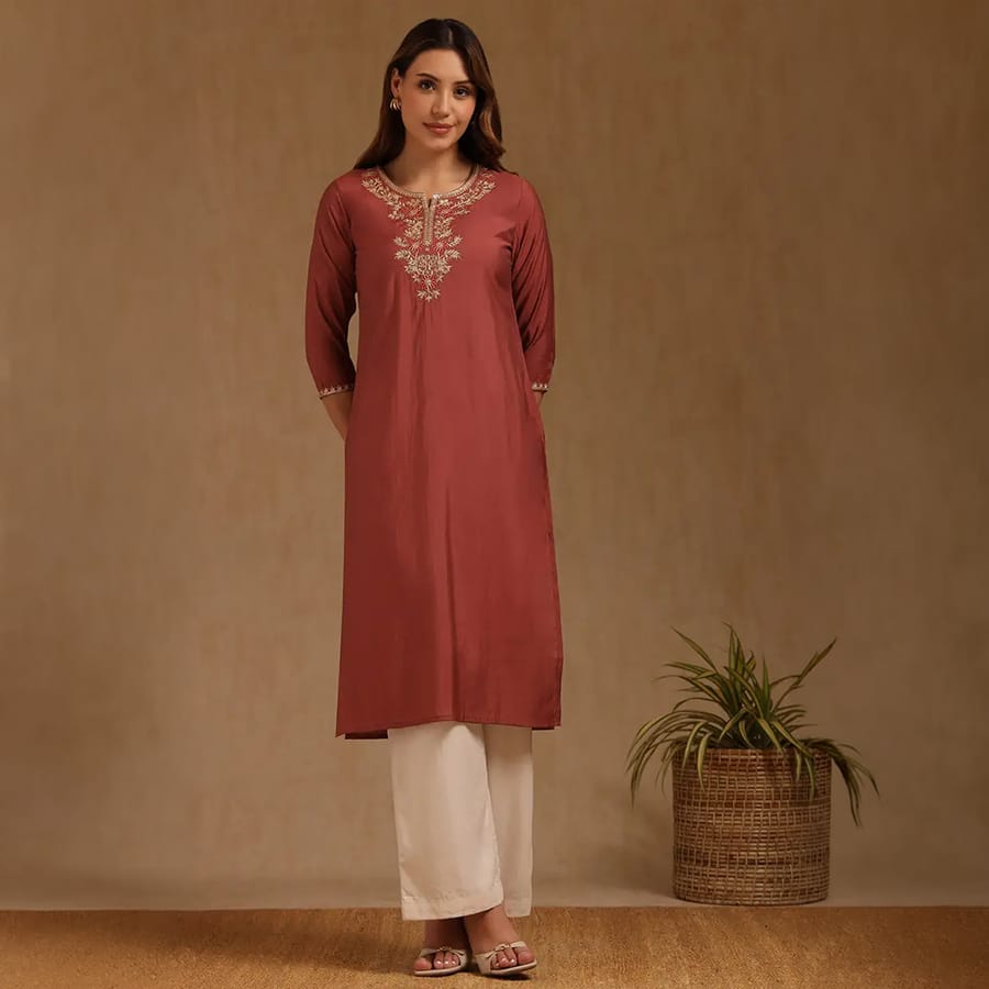 Rust Roman Silk Embroidered Kurta With Zari