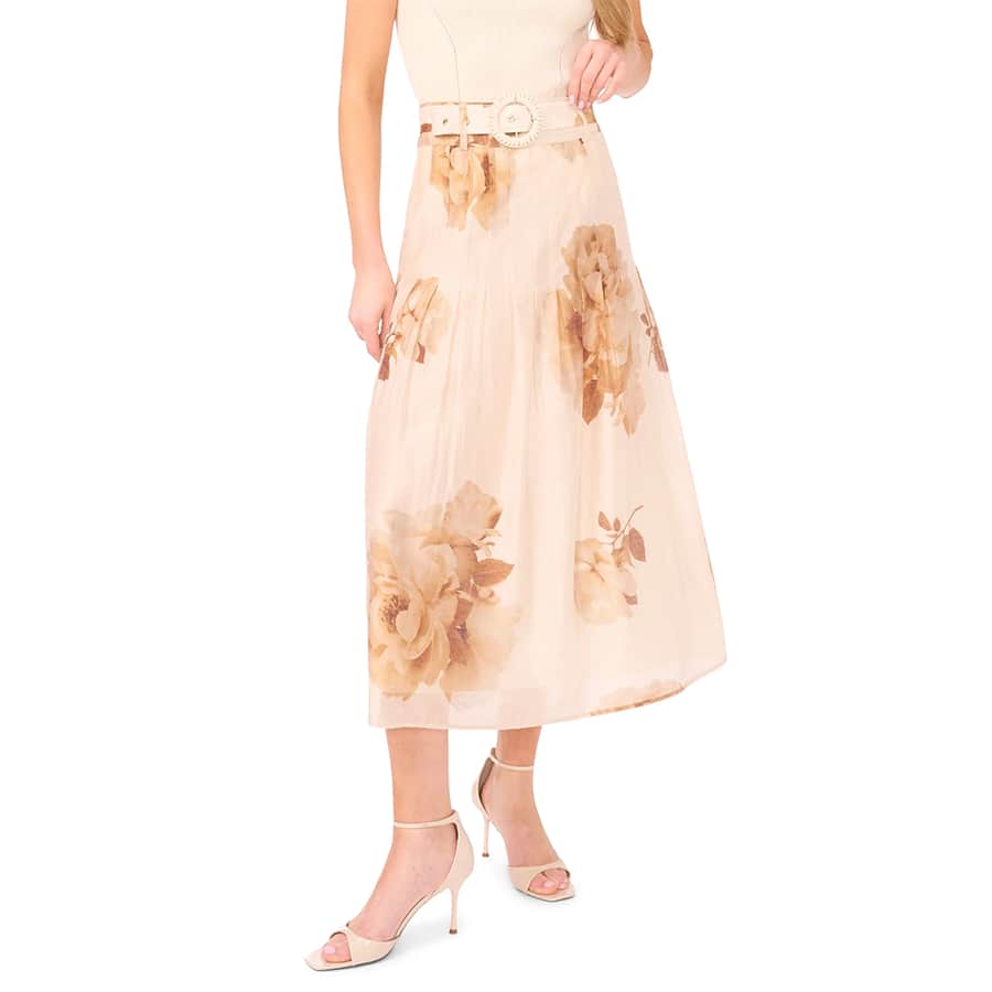 Sepia Floral Belted Woven Midi Skirt