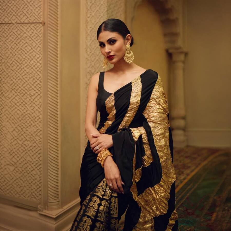 Black Bunch Of Birds Crinkle Gota Sari