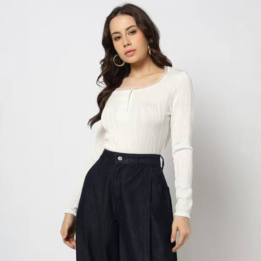 Women Patterned Regular Fit Top With Lace Trim