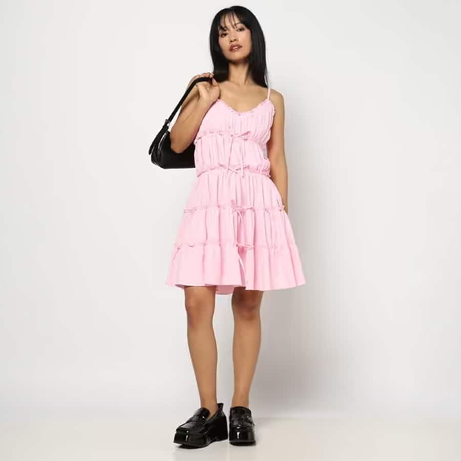 Women Mini Tiered Dress With Bow Accent