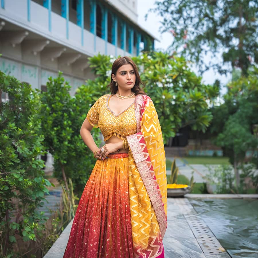 Panna Maroon Mustard Tissue Lehenga Set And Tissue Dupatta With Readymade Blouse