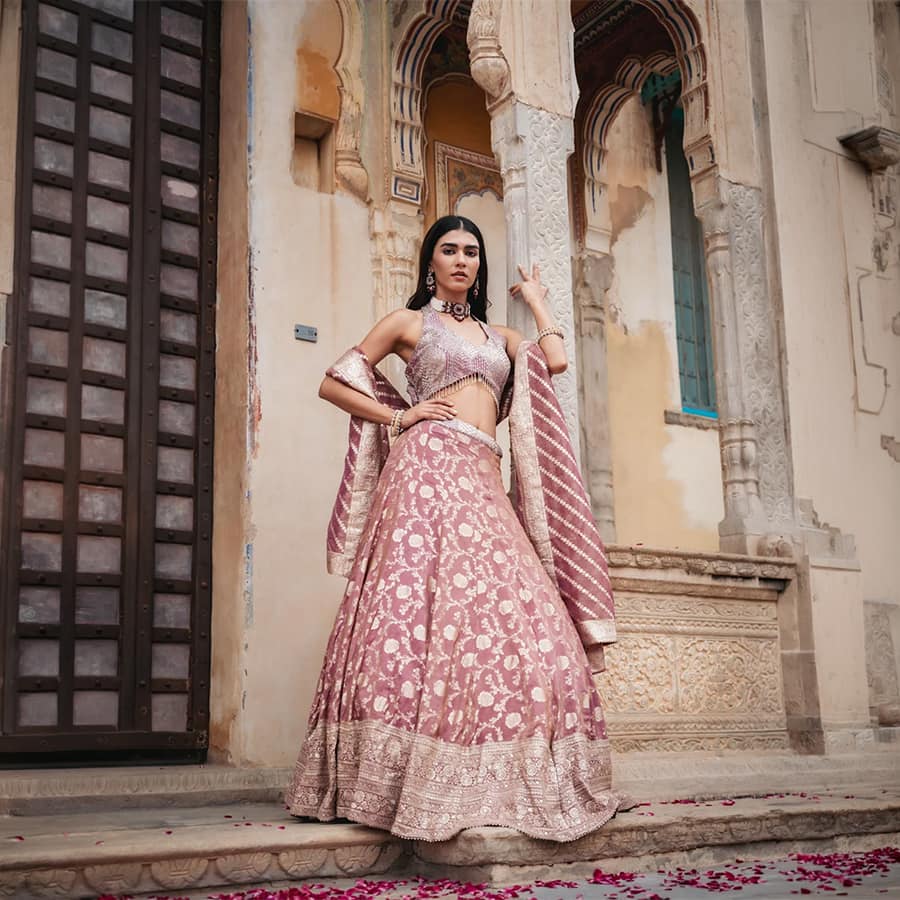 Panna Onion Organza Tissue Lehenga Set And Organza Dupatta With Readymade Blouse