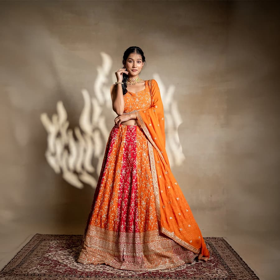 Panna Orange Red Georgette Lehenga Set And Georgette Dupatta With Readymade Blouse