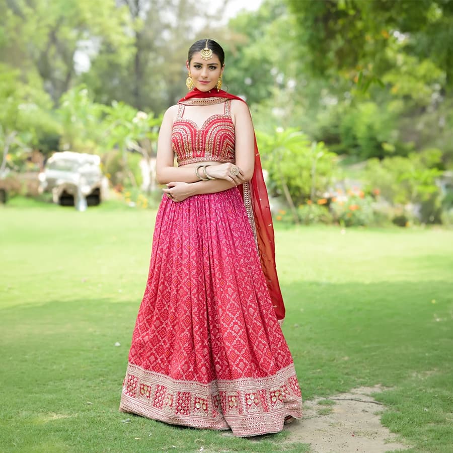 Panna Red Chinon Lehenga Set And Organza Dupatta With Readymade Blouse