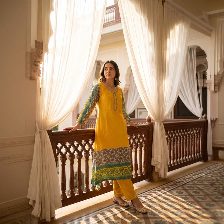 Panna Mustard Dola Readymade Suit Set With Chiffon Dupatta