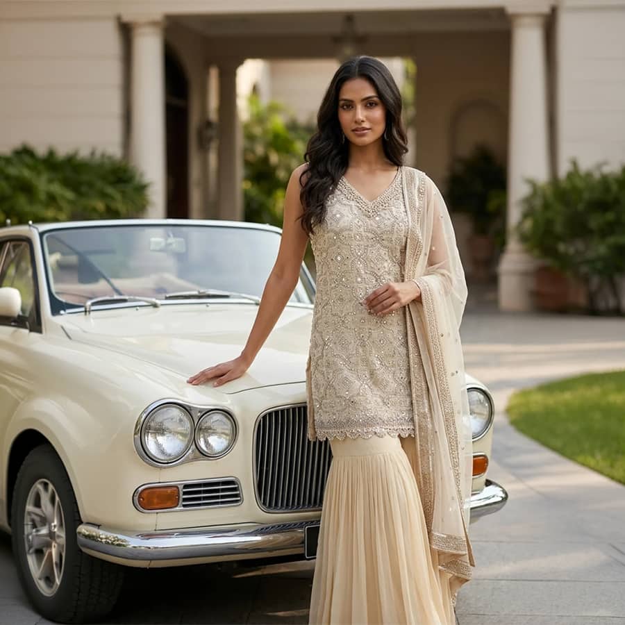 Panna Off White Georgette Readymade Sharara Set With Net Dupatta