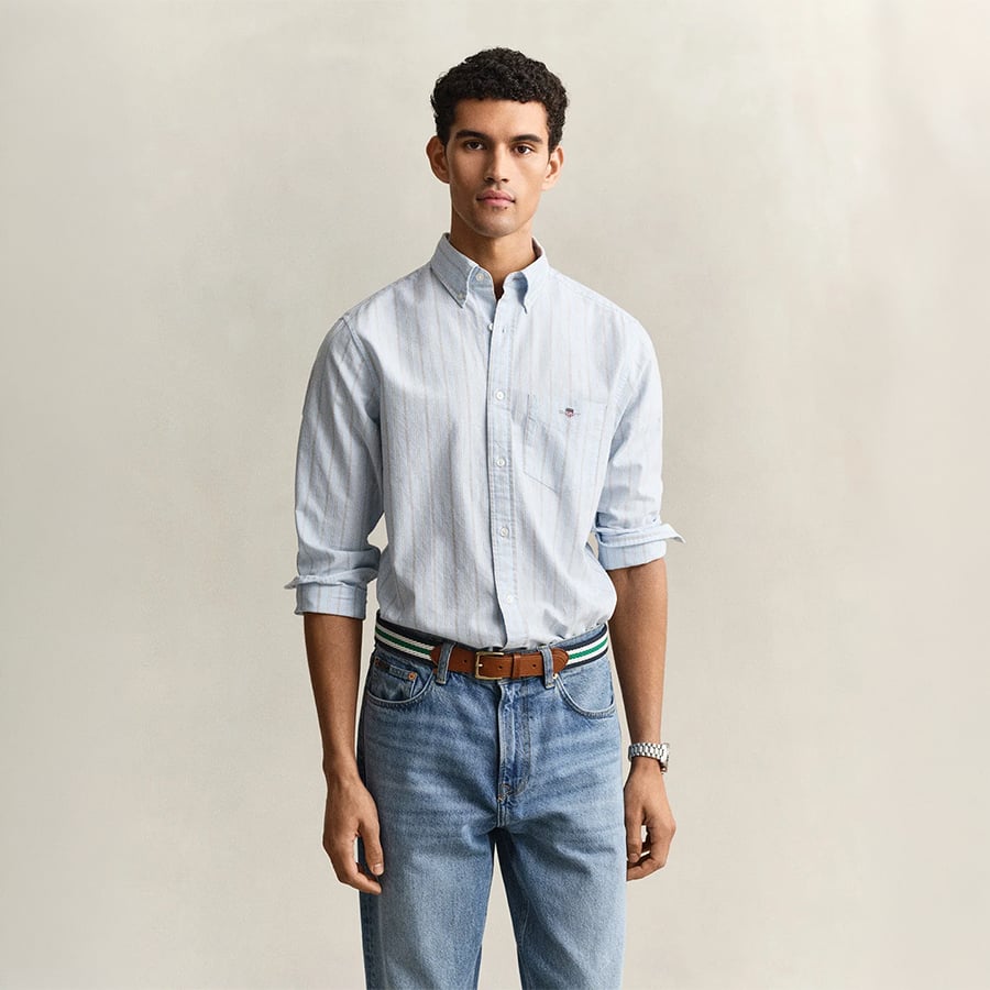 Men Blue Striped Regular Fit Classic Oxford Shirt