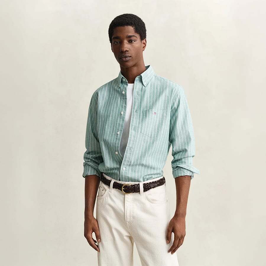 Men Green Striped Regular Fit Classic Oxford Shirt