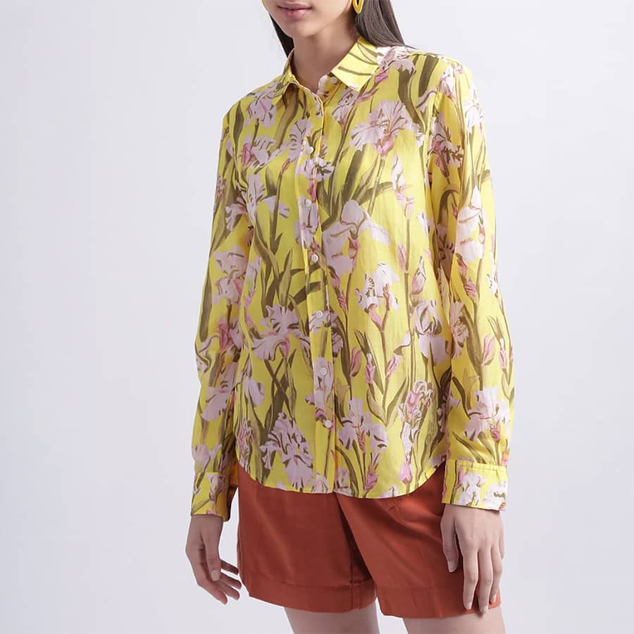 Canary Yellow Floral Print Regular Fit Shirt