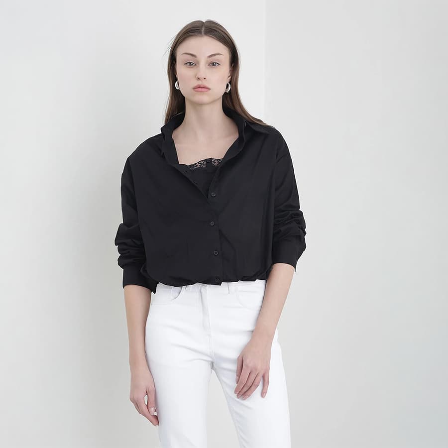 Elle Women Black Solid Relaxed Fit Pure Cotton Shirt