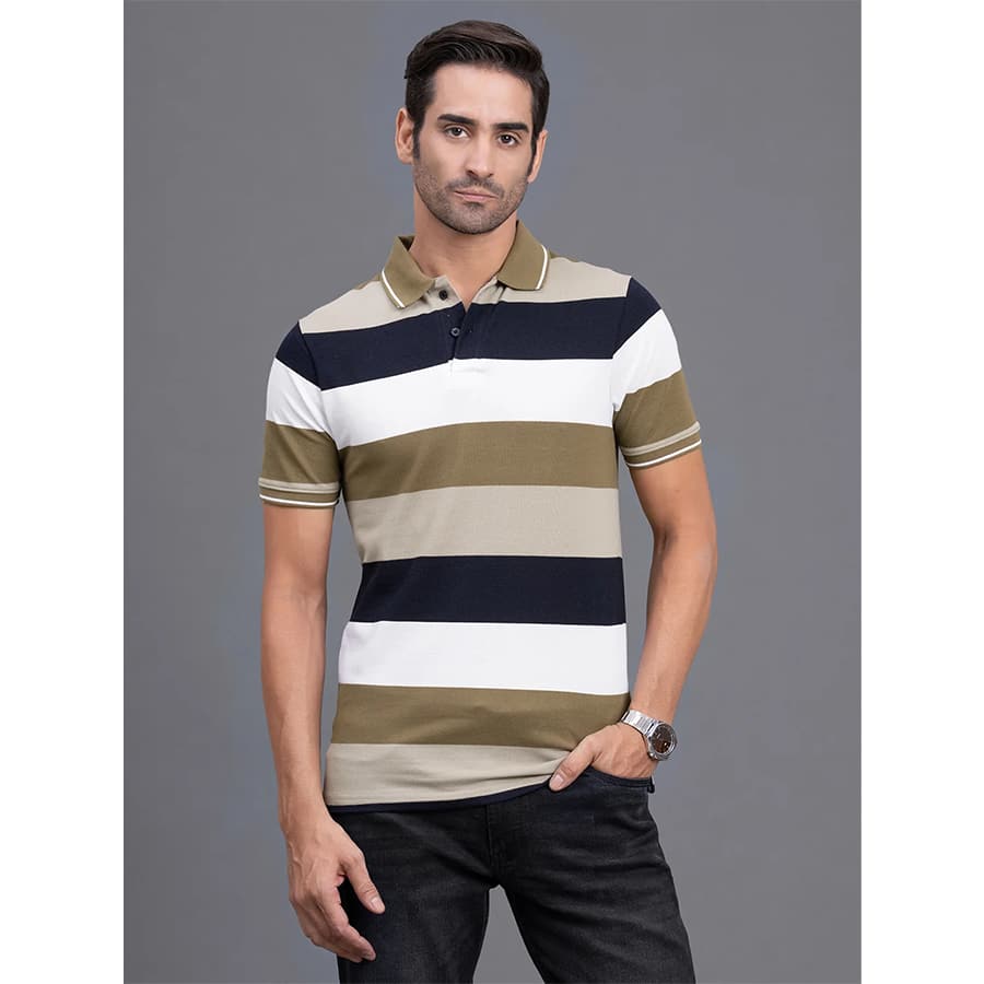 Men's Brown Regular Fit Striped Half Sleeve Casual T-Shirt
