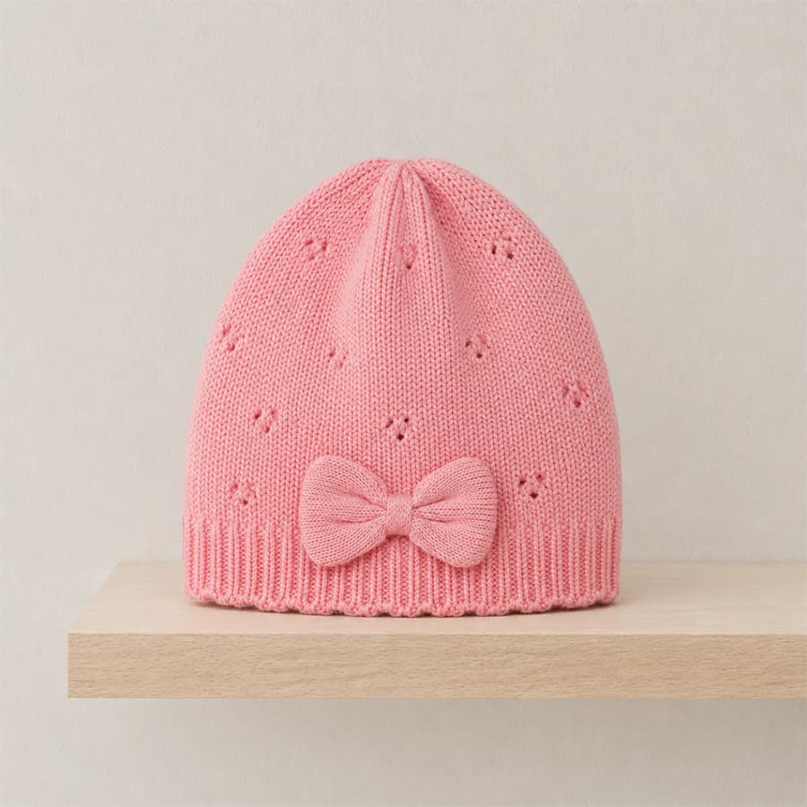 Baby Girls Pink Knitted Pointelle Cap With Bow Detail And Ribbed Cuff Casual Wear