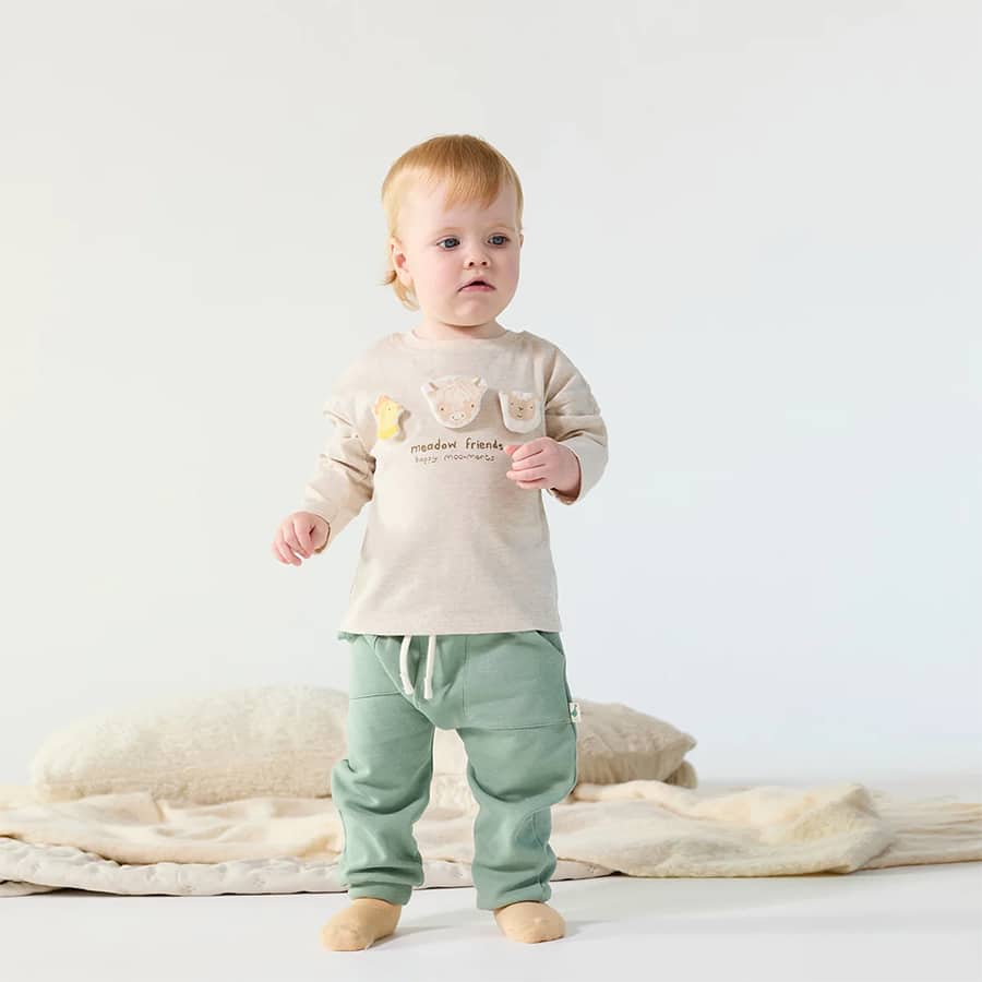 Baby Unisex Beige Cotton Blend Farm Animal Applique Full Sleeve T-Shirt Regular Fit Casual Wear