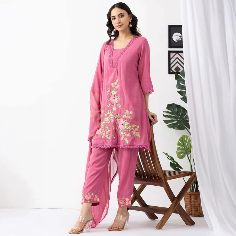 Onion Pink Chanderi Viscose Kurta Set