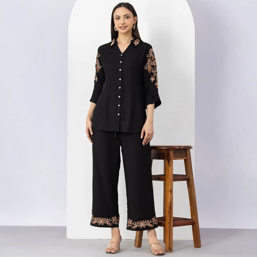Black Tencel Embroidered Co Ord Set