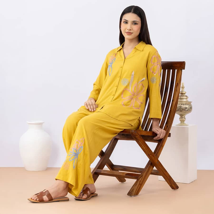 Embroidered Mustard Viscose Cotton Co-Ord Set