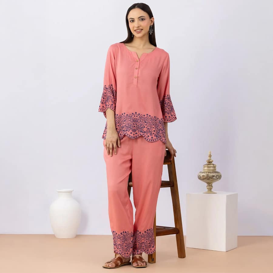 Embroidered Pink Viscose Dobby Co-Ord Set