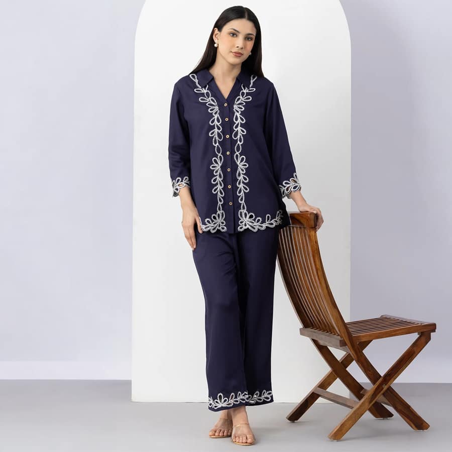 Navy Embroidered Tencel Twill Co Ord Set