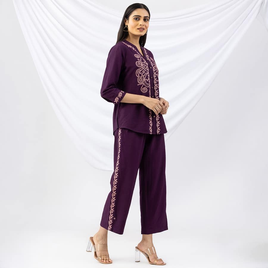 Purple Embroidered Viscose Crush Co-Ord Shirt with 3:4 Sleeves