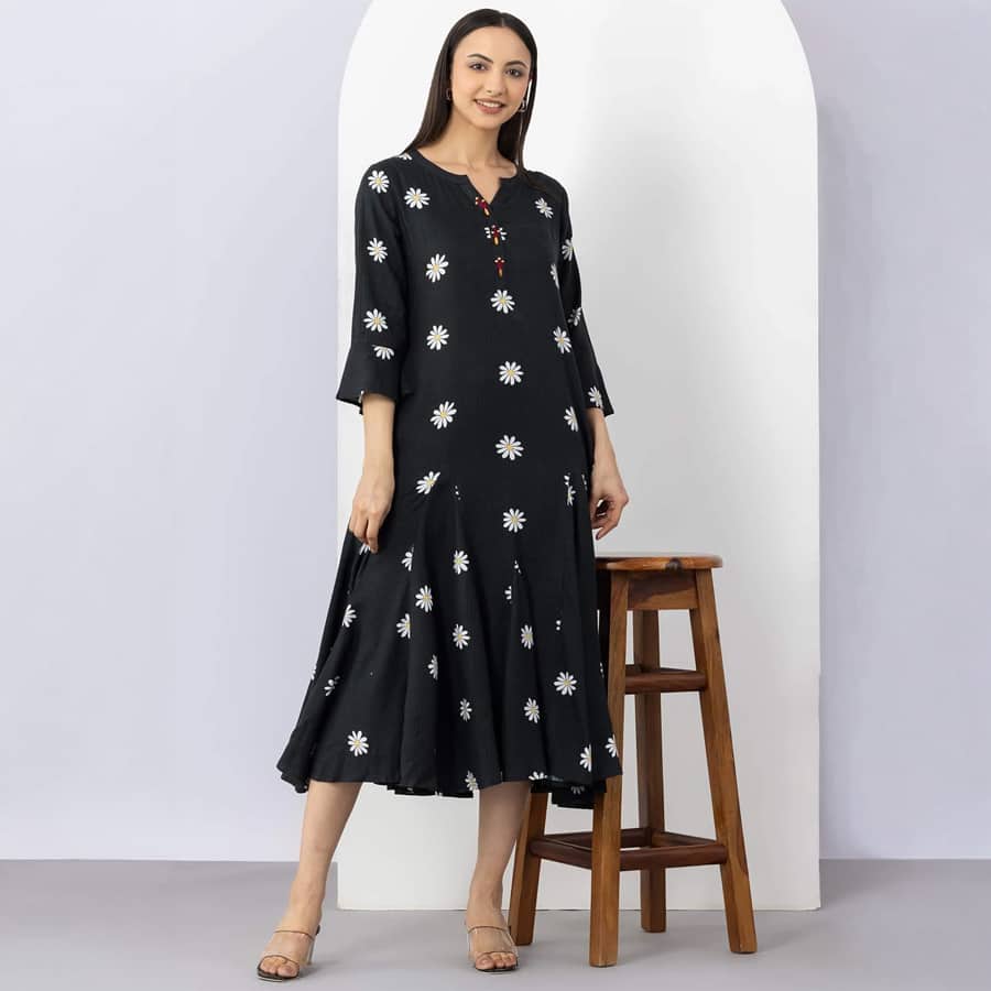 Black Cotton Viscose Dobby Printed Dress with Round Neck