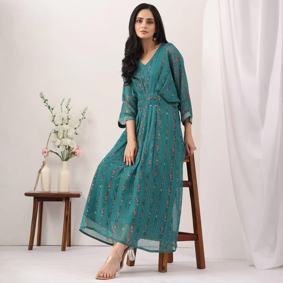 Green Chiffon Lurex Printed Kaftan with Kimono Sleeves