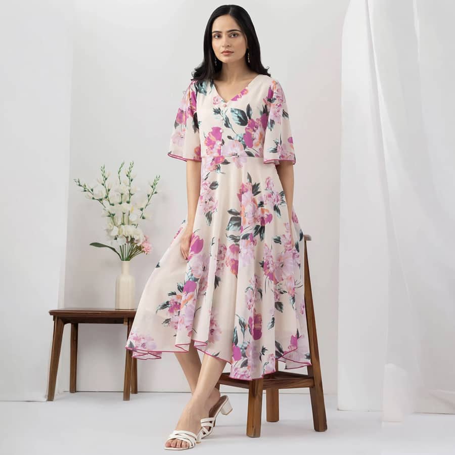 Light Pink Printed Georgette Dress with V Neck & Flared Sleeves