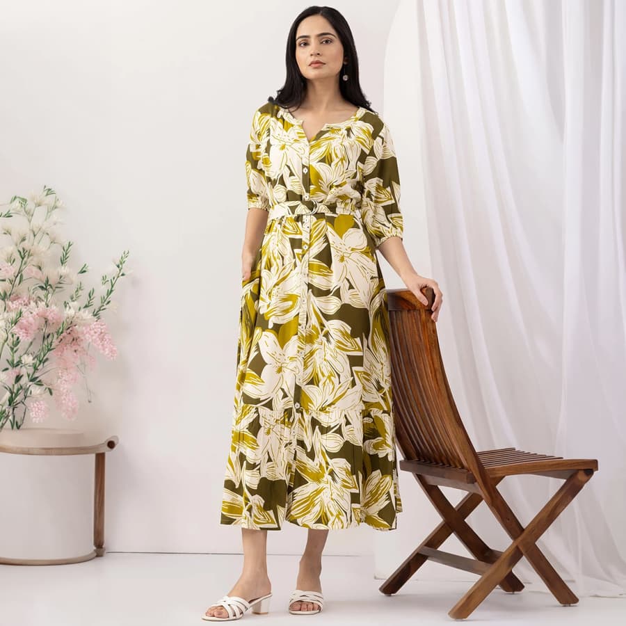 Olive Green Viscose Slub Printed Dress with Round Neck