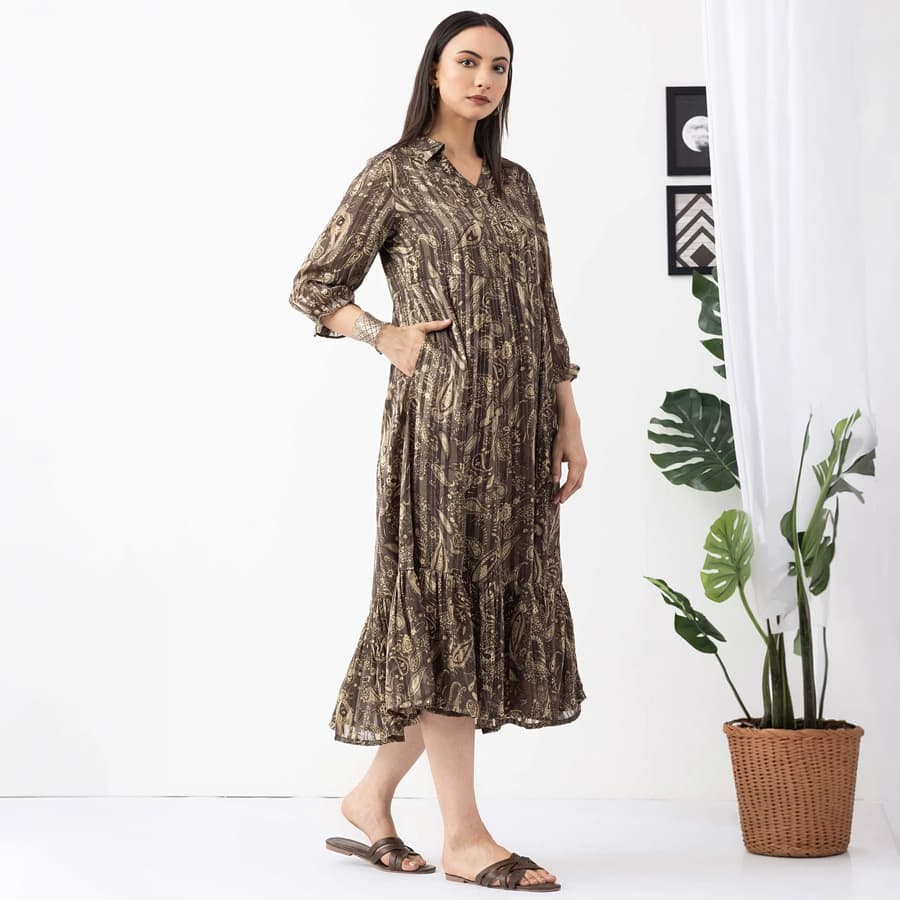 Olive Printed Dress with Collared Neck & 3:4 Sleeves