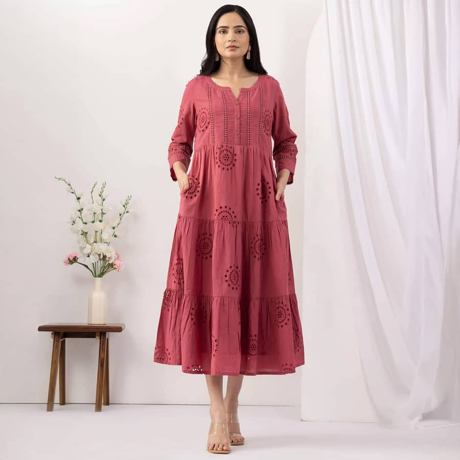 Pink Cotton Schiffli Embroidery Dress with Round Neck and Lace Work