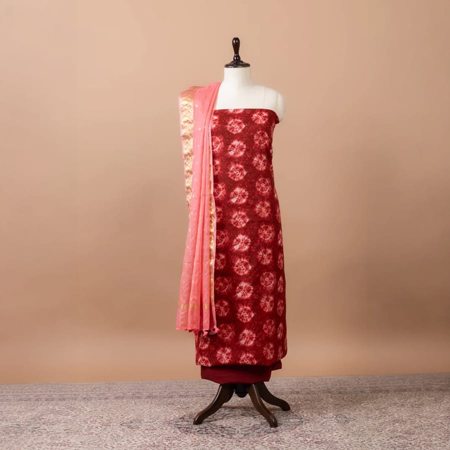 Rangrez Printed Chanderi Suit with woven chanderi duppatta & plain bottom – Maroon
