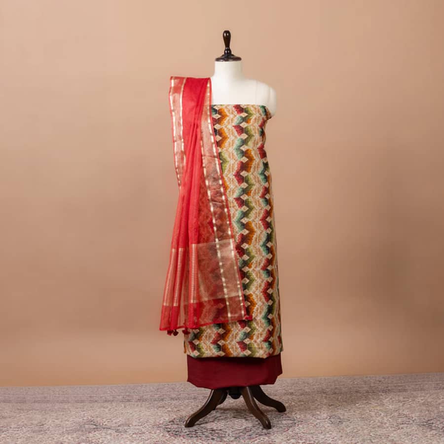 Rangrez Printed Chanderi Suit with chanderi duppatta & plain bottom – Rust
