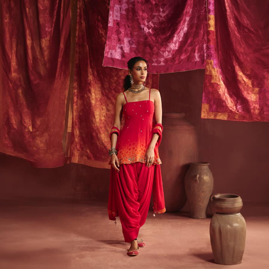 Chilli Scarlet Georgette Dhoti Set
