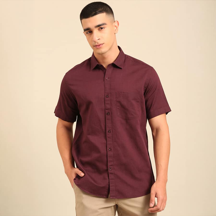 Men Contemporary Fit Linen Blend Half Sleeve Solid Shirt