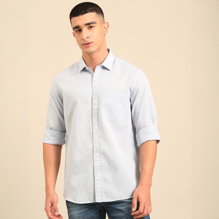 Men Contemporary Fit Linen Blend Full Sleeve Chambray Shirt