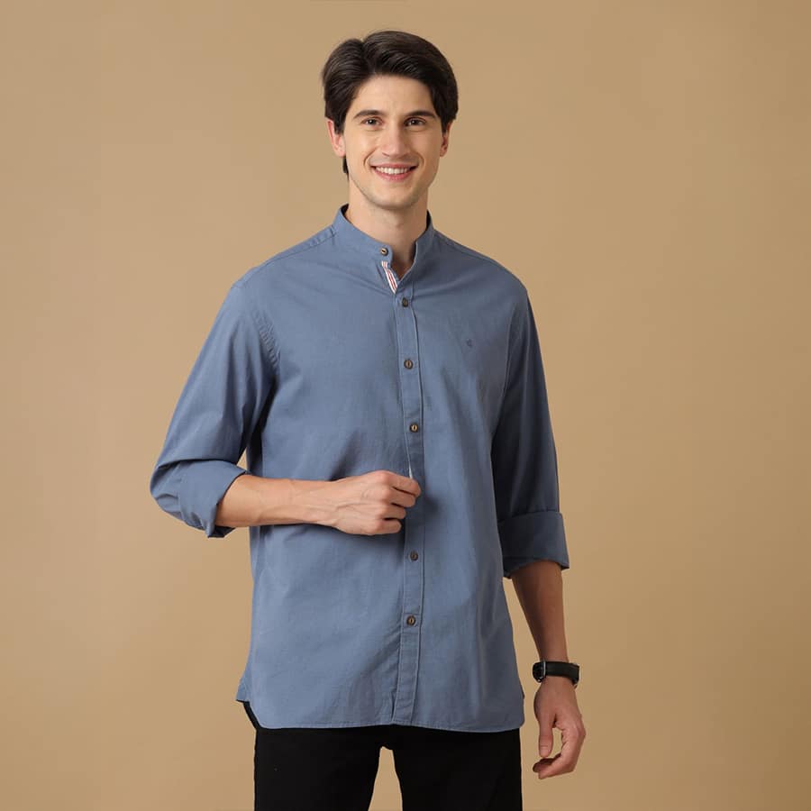 Mens Blue Solid Contemporary Fit Full Sleeve Casual Shirt