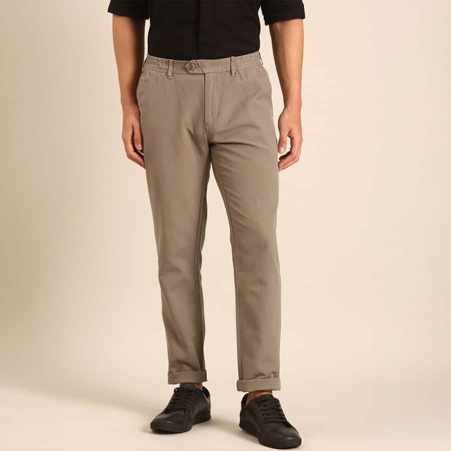 Men Blended Linen Brown Solid Contemporary Fit Casual Trouser
