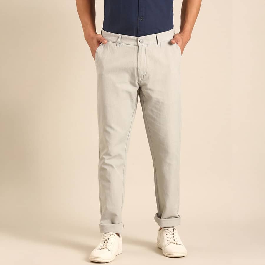 Men Blended Linen Light Grey Solid Contemporary Fit Casual Trouser