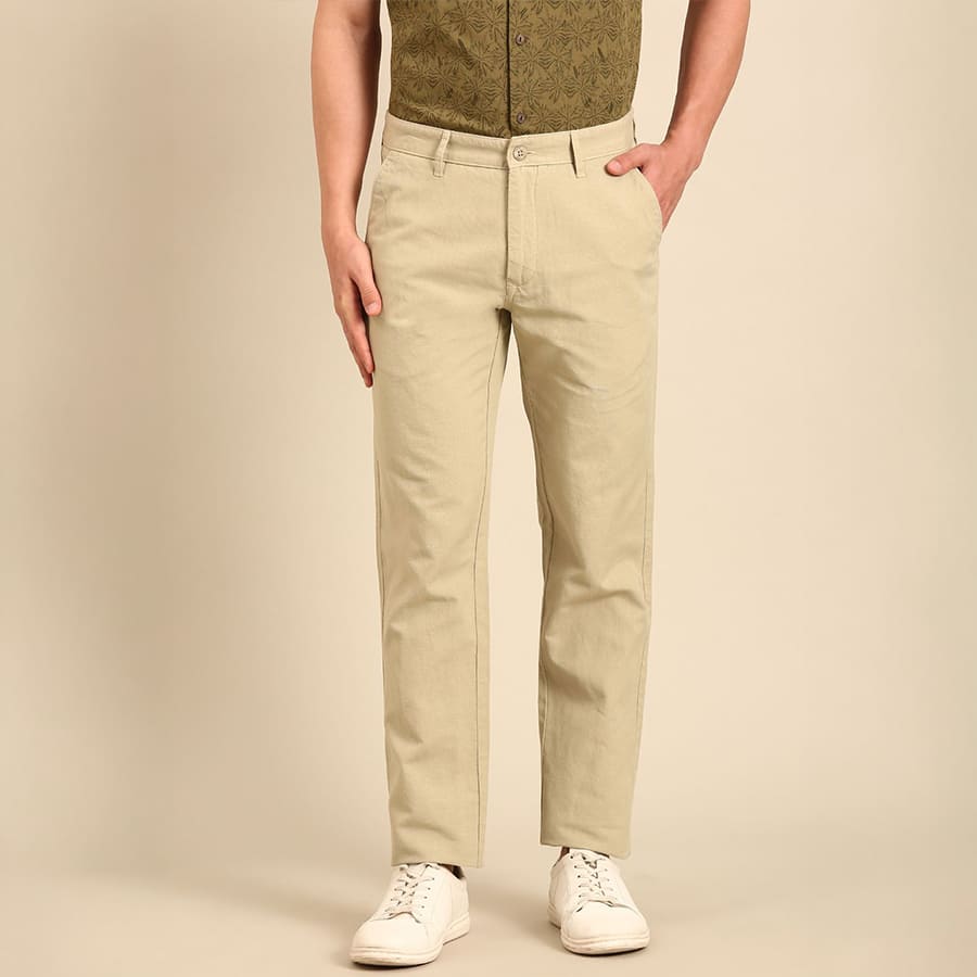 Mens Blended Linen Natural Solid Contemporary Fit Casual Trouser