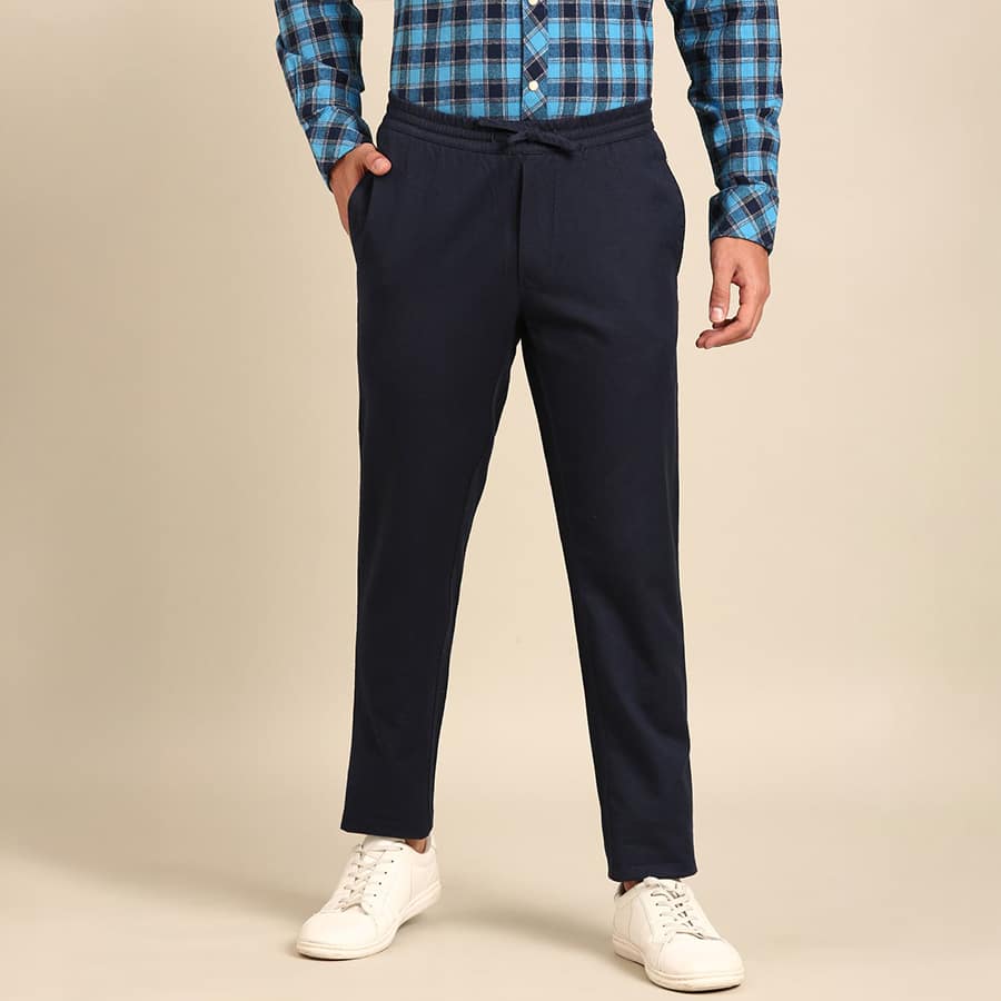 Men Blended Linen Navy Solid Contemporary Fit Casual Trouser
