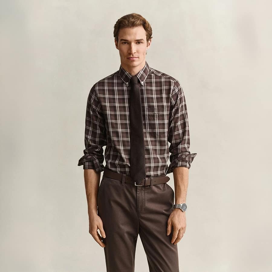 men brown checked regular fit shirt