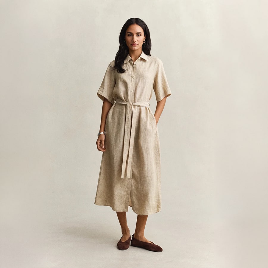 women beige solid regular fit linen dress